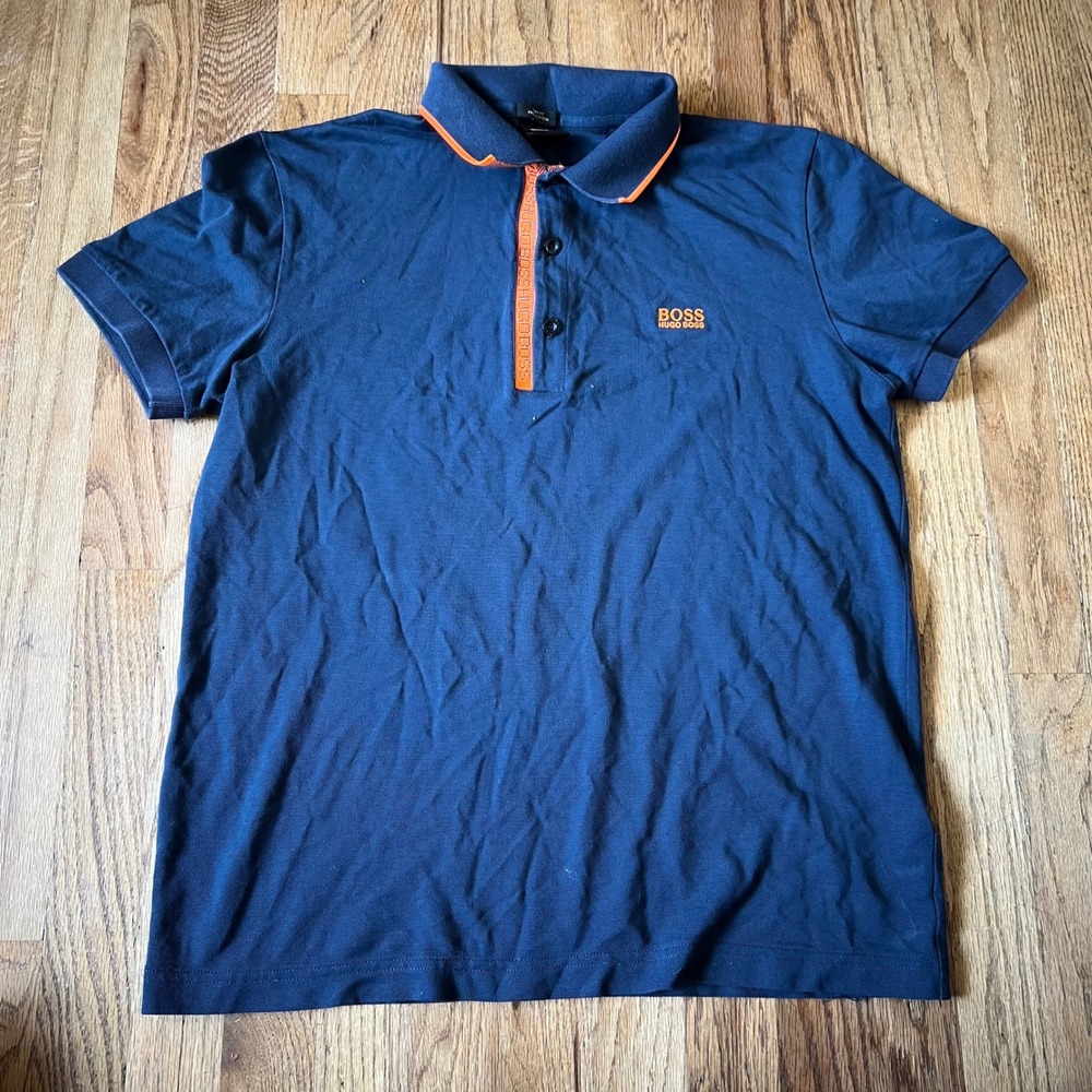 Hugo Boss Kids Navy Blue Orange Pima Cotton Slim Fit Polo Shirt Size L